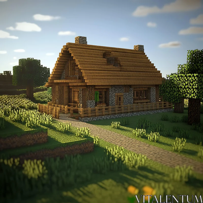 Pixelated Cottage in Lush Green Landscape AI Image