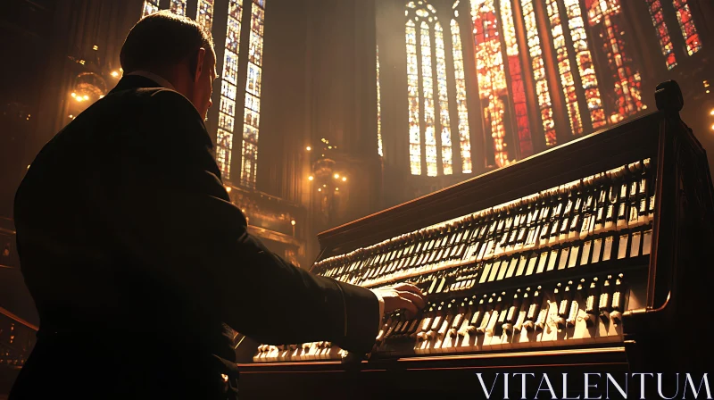 Musician Playing Organ in Beautiful Cathedral AI Image