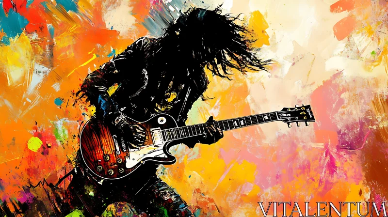 AI ART Dynamic Silhouette of Rock Guitarist on Colorful Abstract Canvas