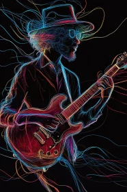 Vibrant Neon Line Drawing of Musician Playing Guitar