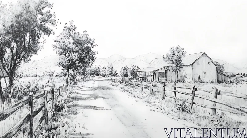 AI ART Monochrome Sketch of a Peaceful Countryside Road