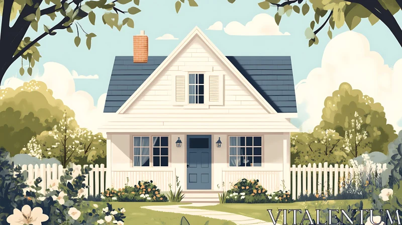 White Cottage with Flowers and Blue Sky AI Image