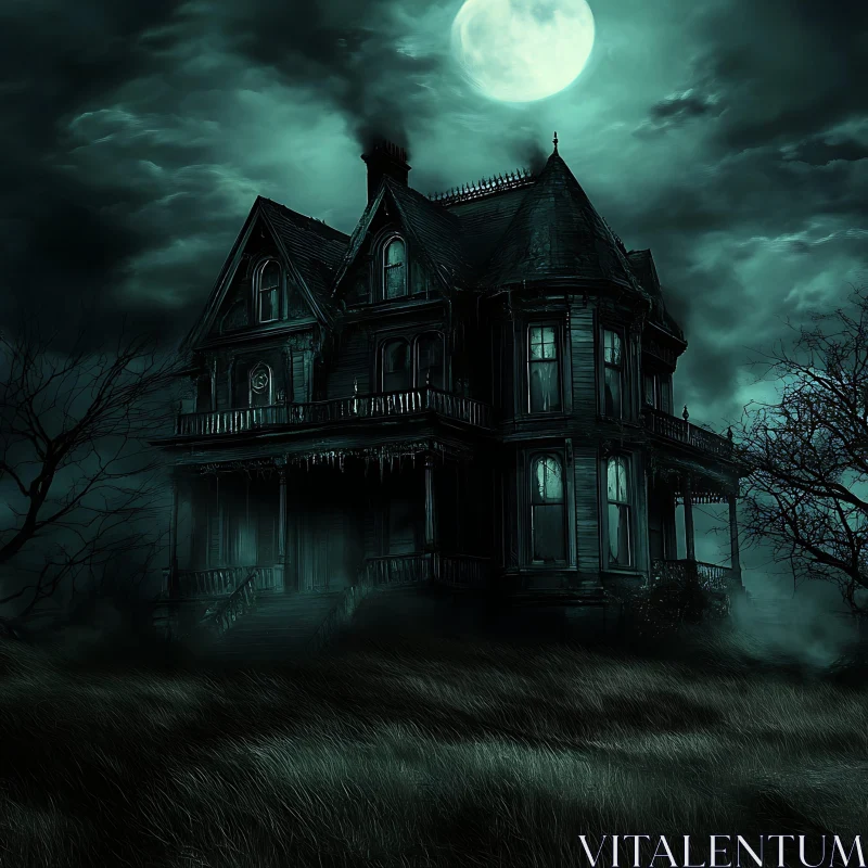 Spooky Gothic Mansion in Night Sky AI Image