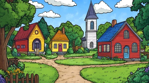 Charming Cartoon Village with Church and Colorful Homes