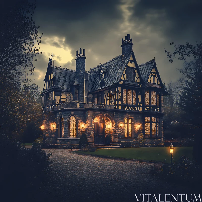 Gothic Night: Illuminated Haunted Mansion AI Image