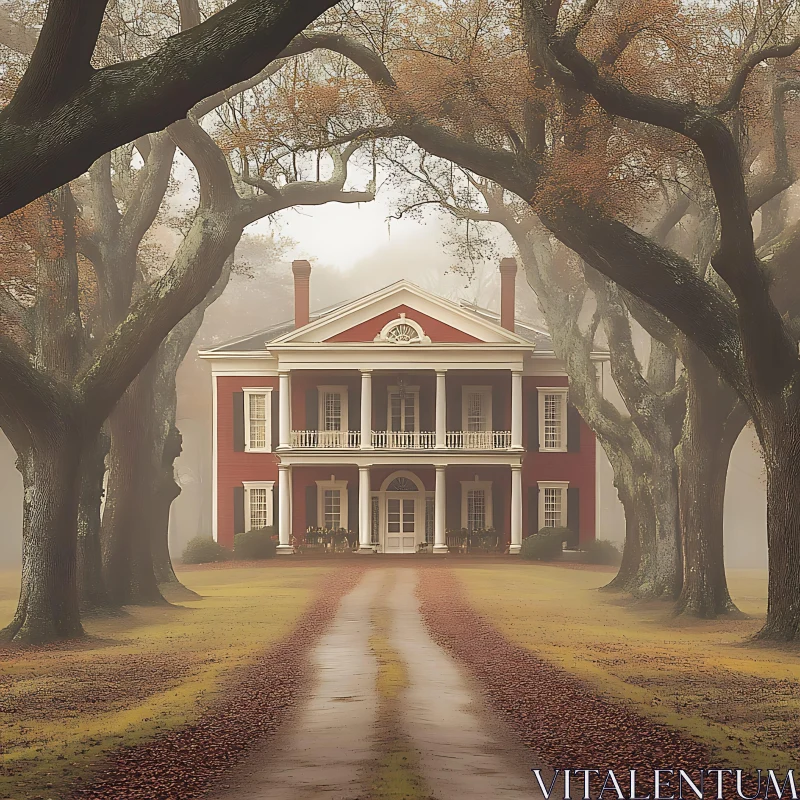 AI ART Foggy Autumn Scene with Grand Red Mansion