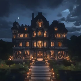 Illuminated Gothic Mansion Under Moonlit Sky