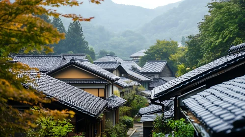 Tranquil Village Houses in Misty Mountains