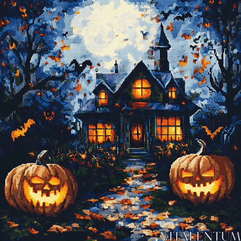 Haunted House with Jack-O'-Lanterns under Full Moon AI Image