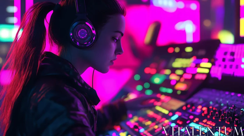 AI ART Tech-Savvy Woman with Headphones at Mixing Console