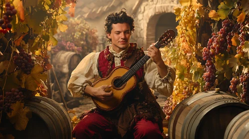 Guitarist Amongst Grapes and Barrels