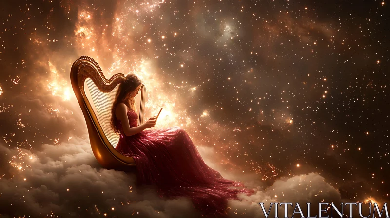 AI ART Ethereal Woman on Harp in Space