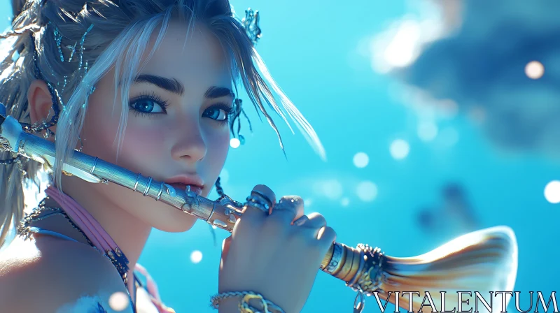 Anime Girl with Flute and Blue Eyes AI Image