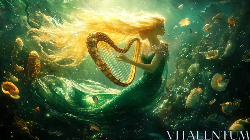 Mystical Mermaid with Harp AI Image