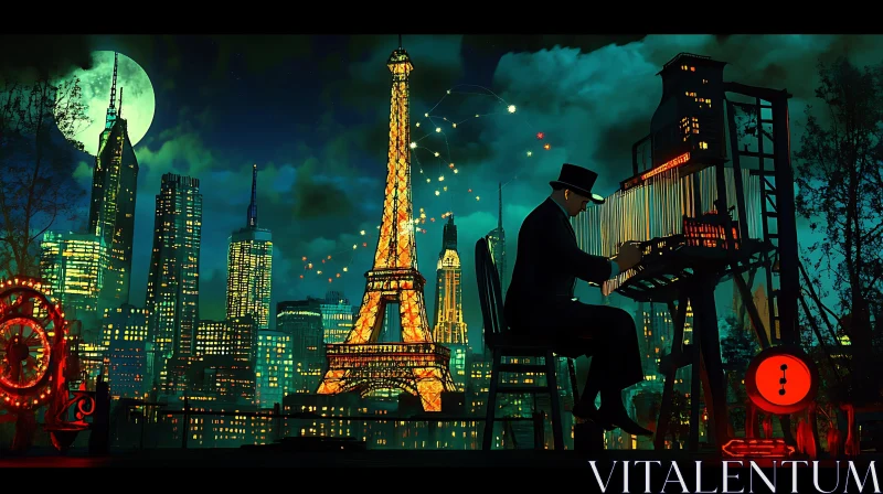 Dreamlike Paris Night Scene with Eiffel Tower and Pianist AI Image