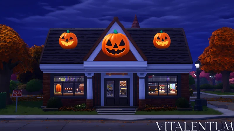 Festive Halloween Decorated House at Dusk AI Image