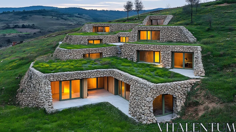 Sustainable Terraced House Embedded in Hillside AI Image