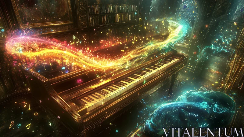 Grand Piano with Light Trails in Enchanted Library AI Image