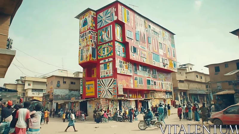 AI ART Vibrant Mural Adorned Building in Lively Urban Setting