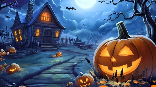 Eerie Halloween Night: Haunted House and Glowing Pumpkins