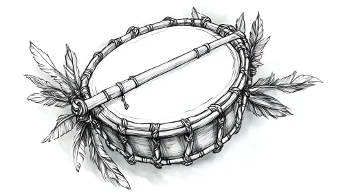 Rustic Hand Drum with Ornamental Feathers