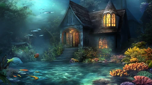 Submerged Gothic House in Enchanted Aquatic World