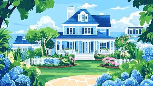 Blue Cottage with Flower Garden and Picket Fence