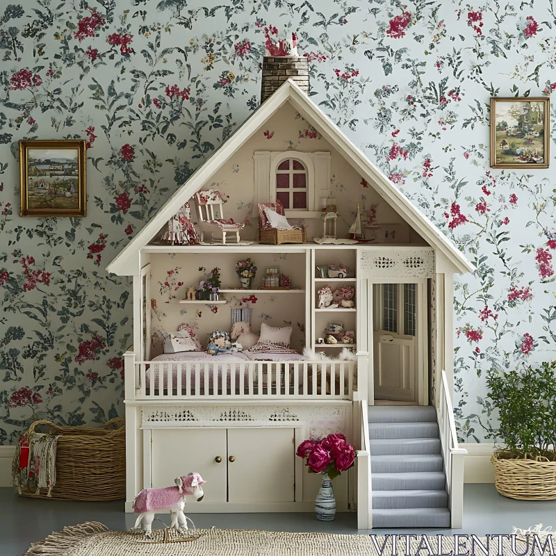 Delightful Miniature Dollhouse in Floral Decor AI Image