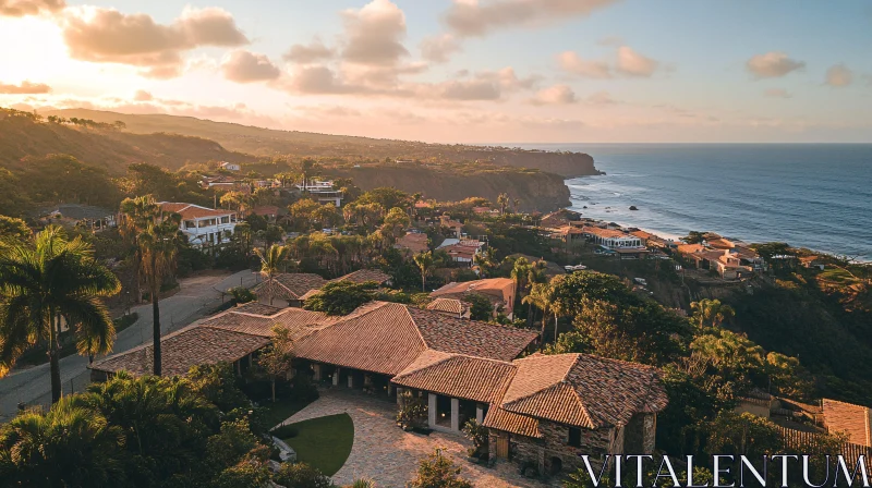 AI ART Coastal Village Aerial View at Sunset