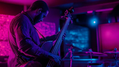 Electric Bassist Immersed in Stage Performance