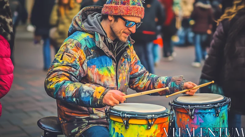 Colorful Street Musician Drumming AI Image