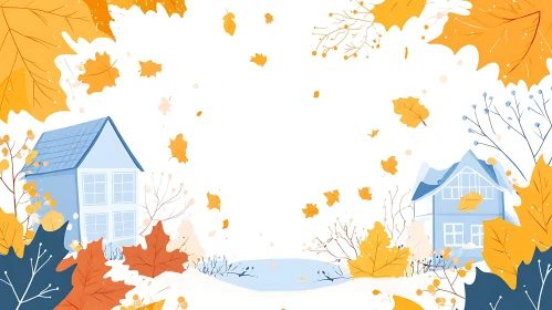 Idyllic Fall Illustration with Leaves and Houses