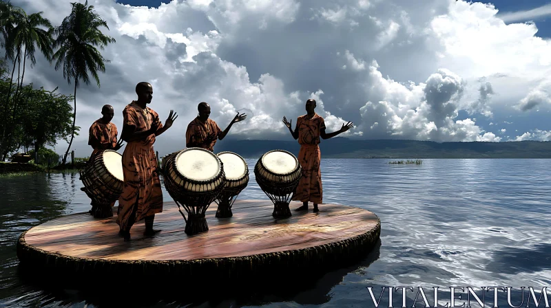 Serene Lake with Drummers on a Raft AI Image