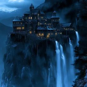 Enigmatic Illuminated Castle on Misty Cliff