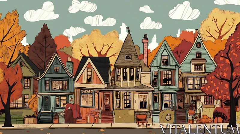 Autumnal Illustration of Quaint Colorful Houses AI Image