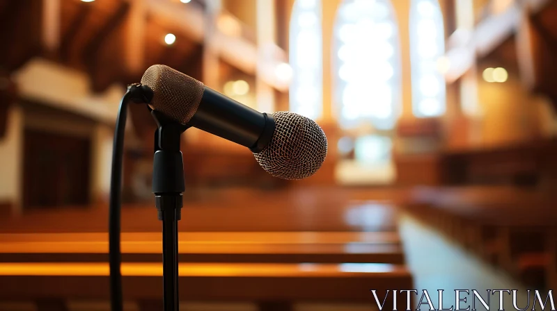 Microphone on Stand in Church Interior AI Image