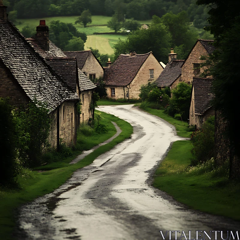 Scenic Wet Village Road with Quaint Stone Houses AI Image