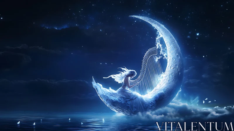 Fantasy Woman Playing Harp on Moon AI Image