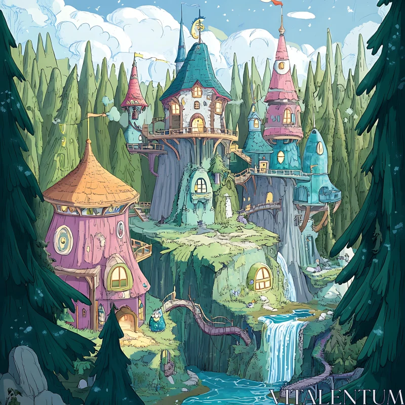 AI ART Magical Village with Waterfalls and Fairy-Tale Houses