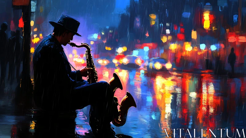 Street Musician in the Rain with Vibrant Urban Lights AI Image