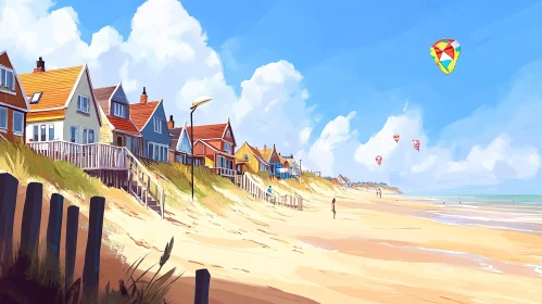 Tranquil Beach with Colorful Houses and Flying Kites