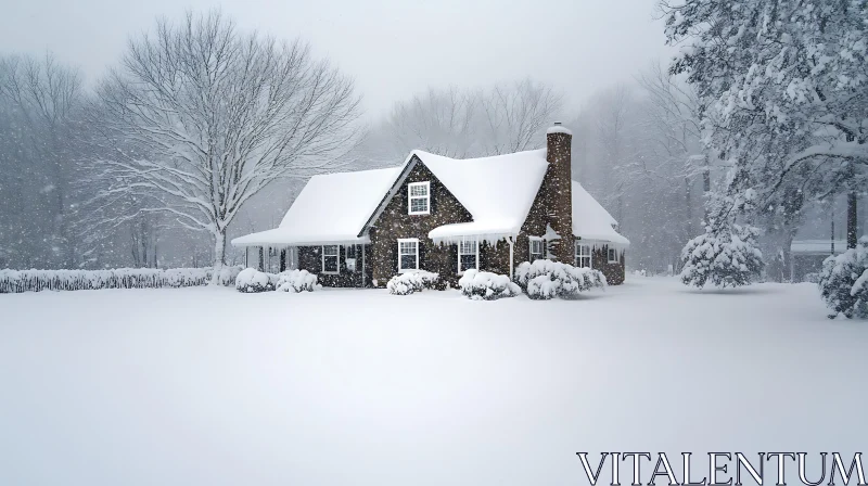 Serene Winter Cottage Amidst Falling Snow AI Image