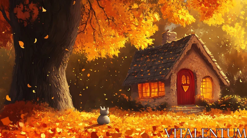 Autumn Tranquility with Cottage and Falling Leaves AI Image