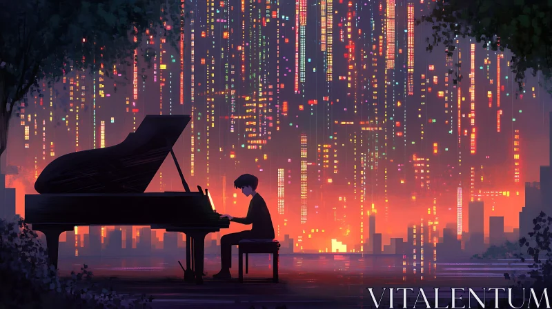 Piano Performance Amidst Futuristic City Lights AI Image