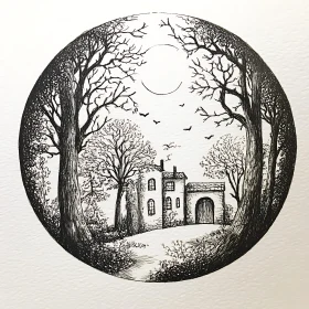 Enchanted Cottage in Circular Forest Illustration