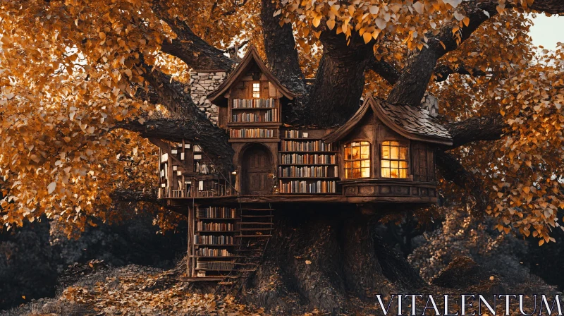 Cozy Treehouse Library in Autumn Setting AI Image