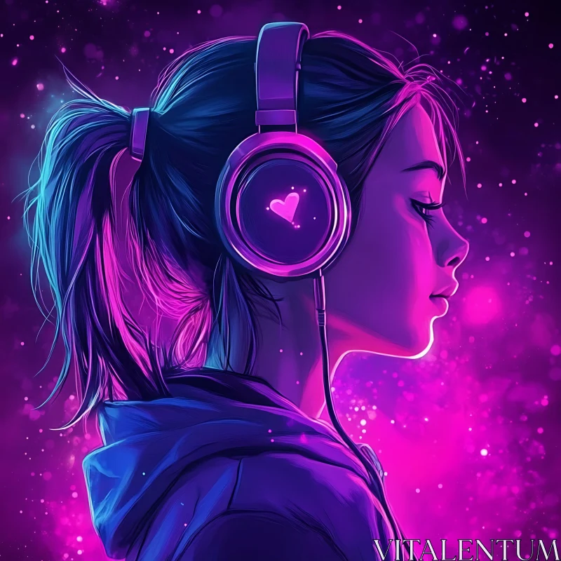 Neon Fantasy Girl with Headphones AI Image