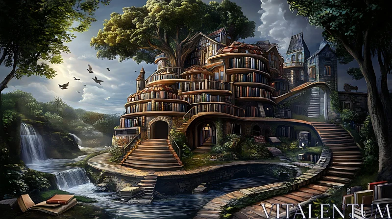 AI ART Surreal Library Integrated into Treehouse with Waterfalls