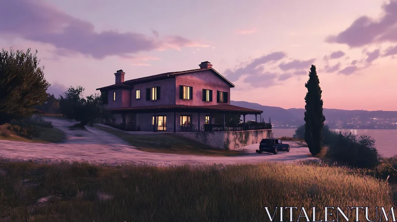 Twilight over Rustic Cottage in Countryside AI Image