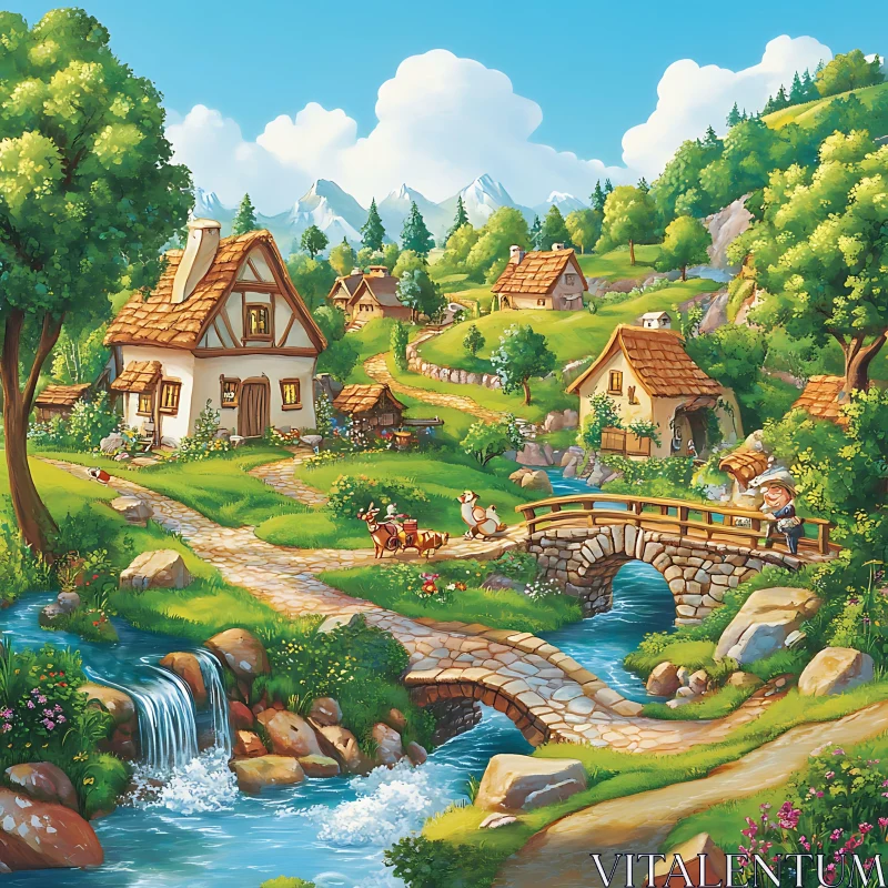 Idyllic Countryside Village with Stone Bridge AI Image